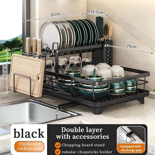 Dish Drying Rack- Space-Saving Dish Rack, Dish Racks for Kitchen Counter, Stainless Steel Kitchen Drying Rack with a Cutlery Holder,12''W x 17''L, Black