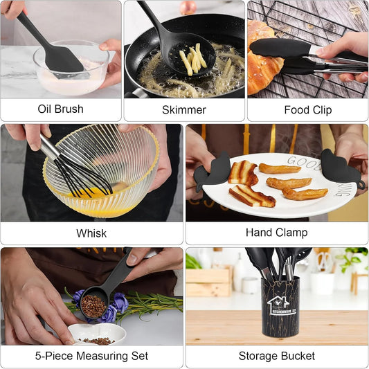 18PCS Silicone Cooking Utensils Set - 446°F Heat Resistant Kitchen Utensils,Turner Tongs,Spatula,Spoon,Brush,Whisk,Kitchen Utensil Gadgets Tools Set for Nonstick Cookware,Dishwasher Safe - Black