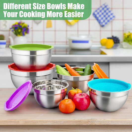 Mixing Bowls with Lids Set of 5, Stainless Steel Mixing Bowls Metal Nesting Bowls with Airtight Lids, Non-toxic & Dishwasher Safe, Great for Cooking, Baking, Serving - Size 0.7/1/1.5/3/4.6QT