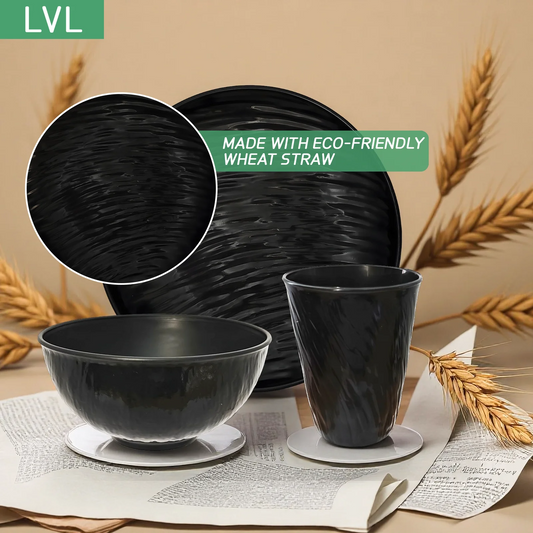Unbreakable Dinnerware Sets, Rock Texture Bowls Sets for 18PCS, Microwave & Dishwasher Safe, Eco-Friendly, Perfect for Dinners, Buffets, and Events- Black