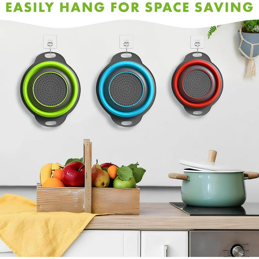 Collapsible Colander Set of 3 Round Silicone Kitchen Strainer Set - 2 pcs 4 Quart and 1 pcs 2 Quart- Perfect for Draining Pasta, Vegetable and fruit (green,blue, purple)