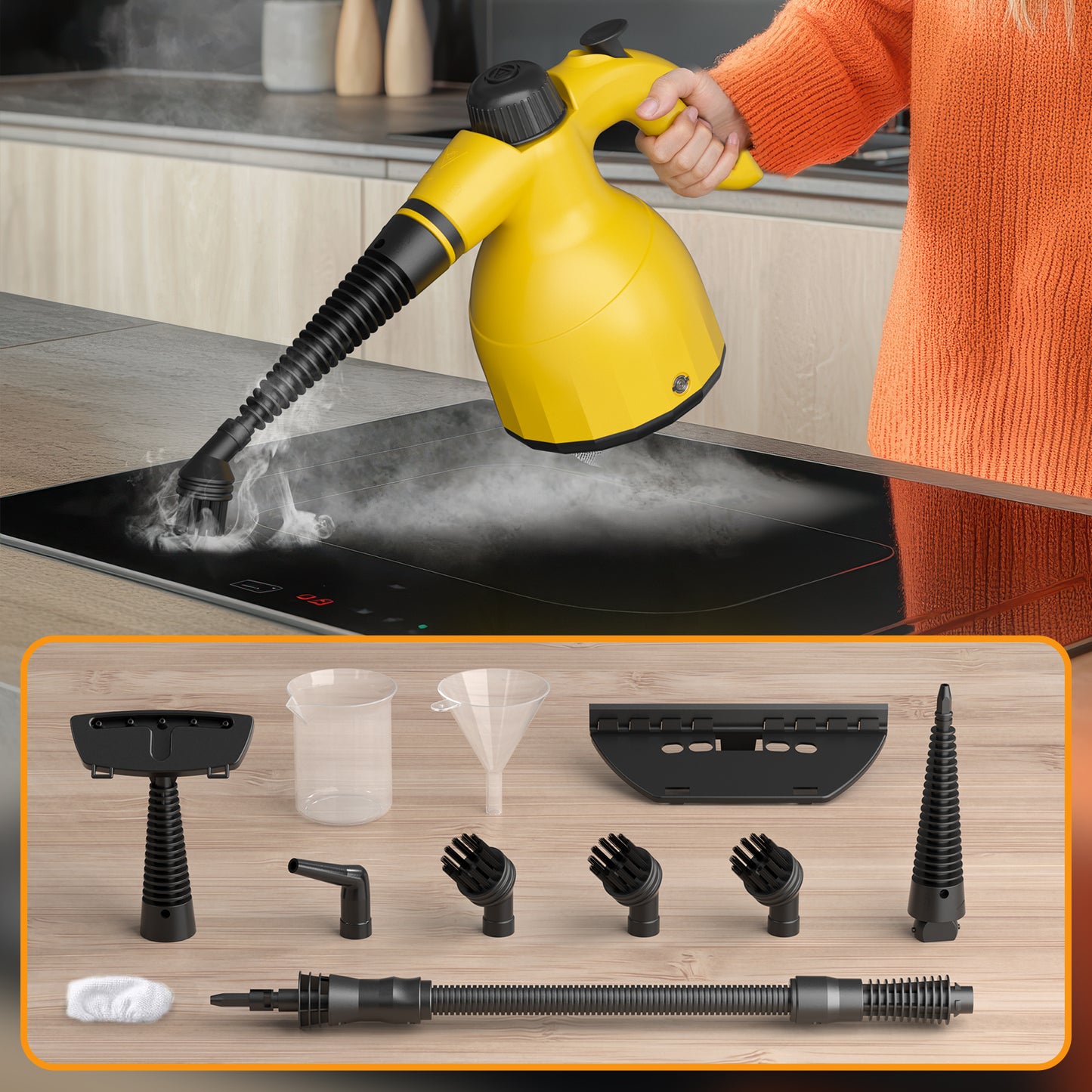 Handheld Steam Cleaner: Multi-Surface Steamer with 12 PCS Accessories Pressurized Natural Steam Cleaner for Home Cleaning Dirt, Grease, Grout, Tile, Floor, Couch and Car-Yellow