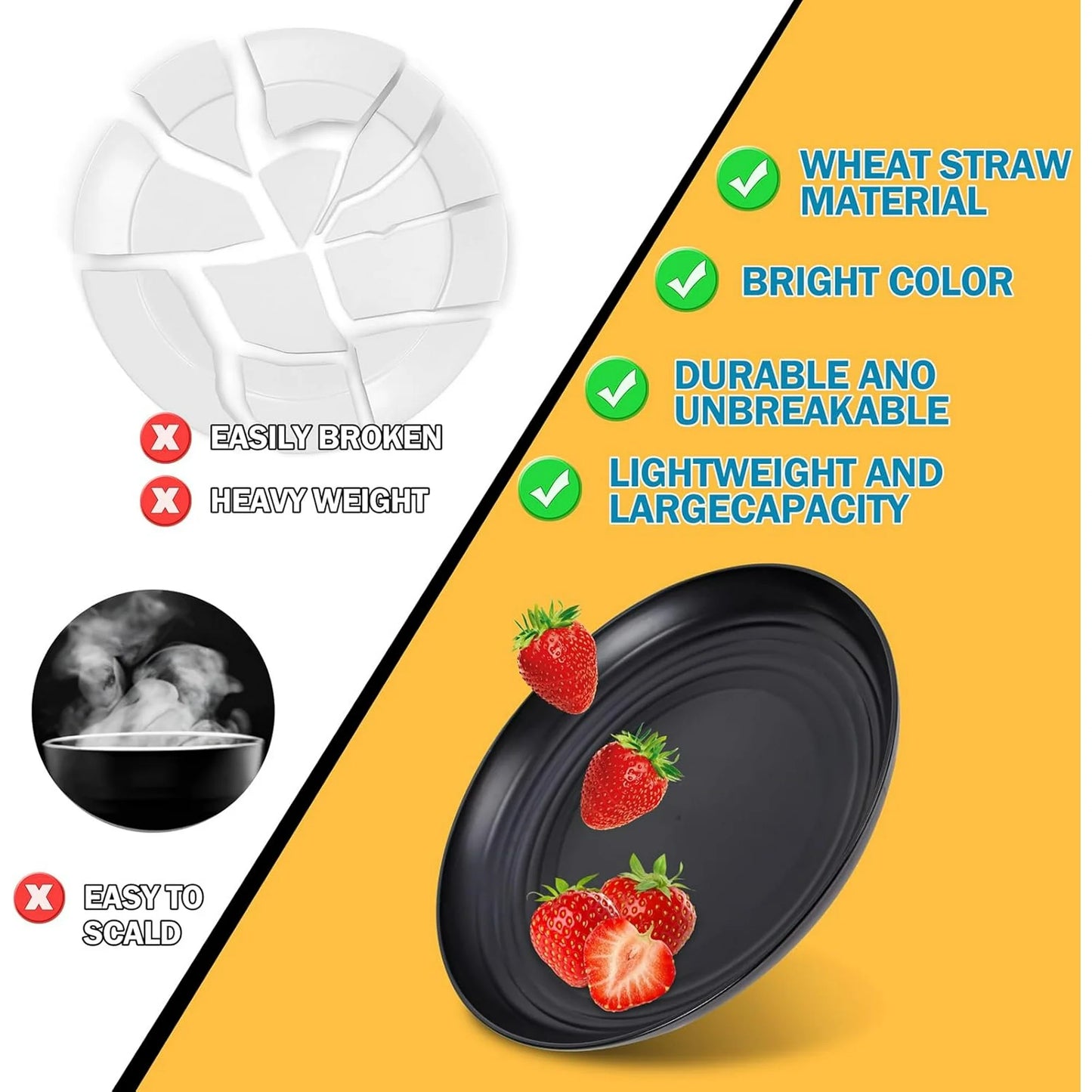 Unbreakable Dinnerware Sets, Wheat Straw Plates and Bowls Sets for 8, Microwave & Dishwasher Safe, Eco-Friendly, Perfect for Dinners, Buffets, and Events- Black