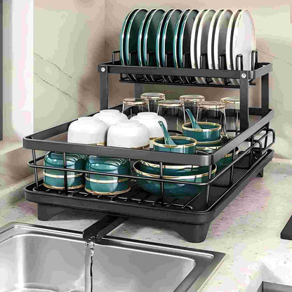 Dish Drying Rack- Space-Saving Dish Rack, Dish Racks for Kitchen Counter, Stainless Steel Kitchen Drying Rack with a Cutlery Holder,12''W x 17''L, Black