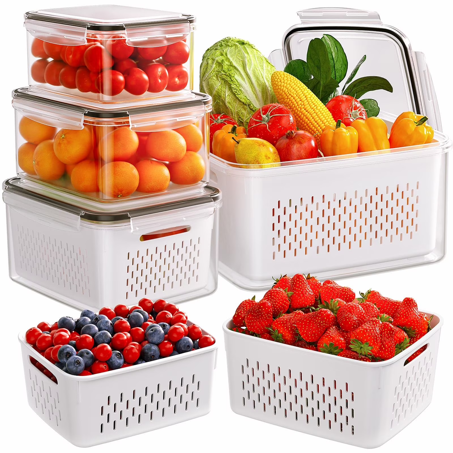 AMAZTEK Large Fruit Containers for Fridge, 5 PCS Leakproof Food Storage Containers with Removable Colander, Airtight Storage Container to Keep Berry Fruit Fresh, Dishwasher & microwave safe