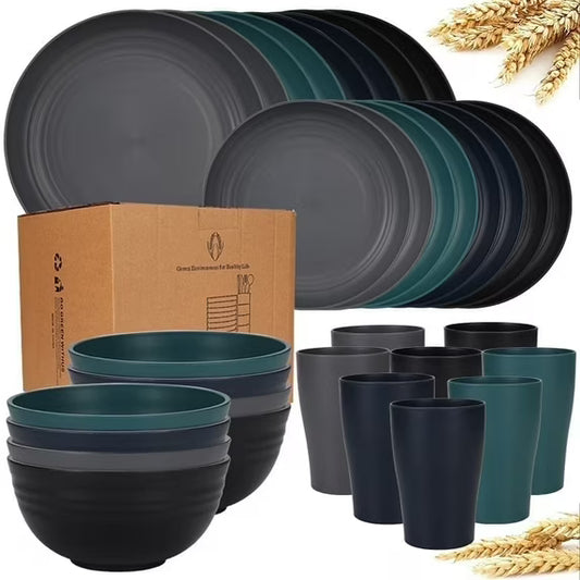 Unbreakable Dinnerware Sets, Wheat Straw Plates and Bowls Sets for 8, Microwave & Dishwasher Safe, Eco-Friendly, Perfect for Dinners, Buffets, and Events- Black