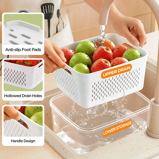 AMAZTEK Large Fruit Containers for Fridge, 5 PCS Leakproof Food Storage Containers with Removable Colander, Airtight Storage Container to Keep Berry Fruit Fresh, Dishwasher & microwave safe