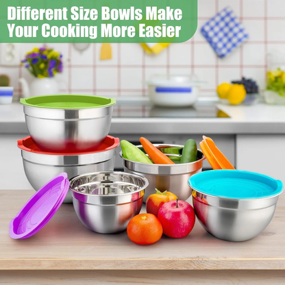 Mixing Bowls with Lids Set of 5, Stainless Steel Mixing Bowls Metal Nesting Bowls with Airtight Lids, Non-toxic & Dishwasher Safe, Great for Cooking, Baking, Serving - Size 0.7/1/1.5/3/4.6QT