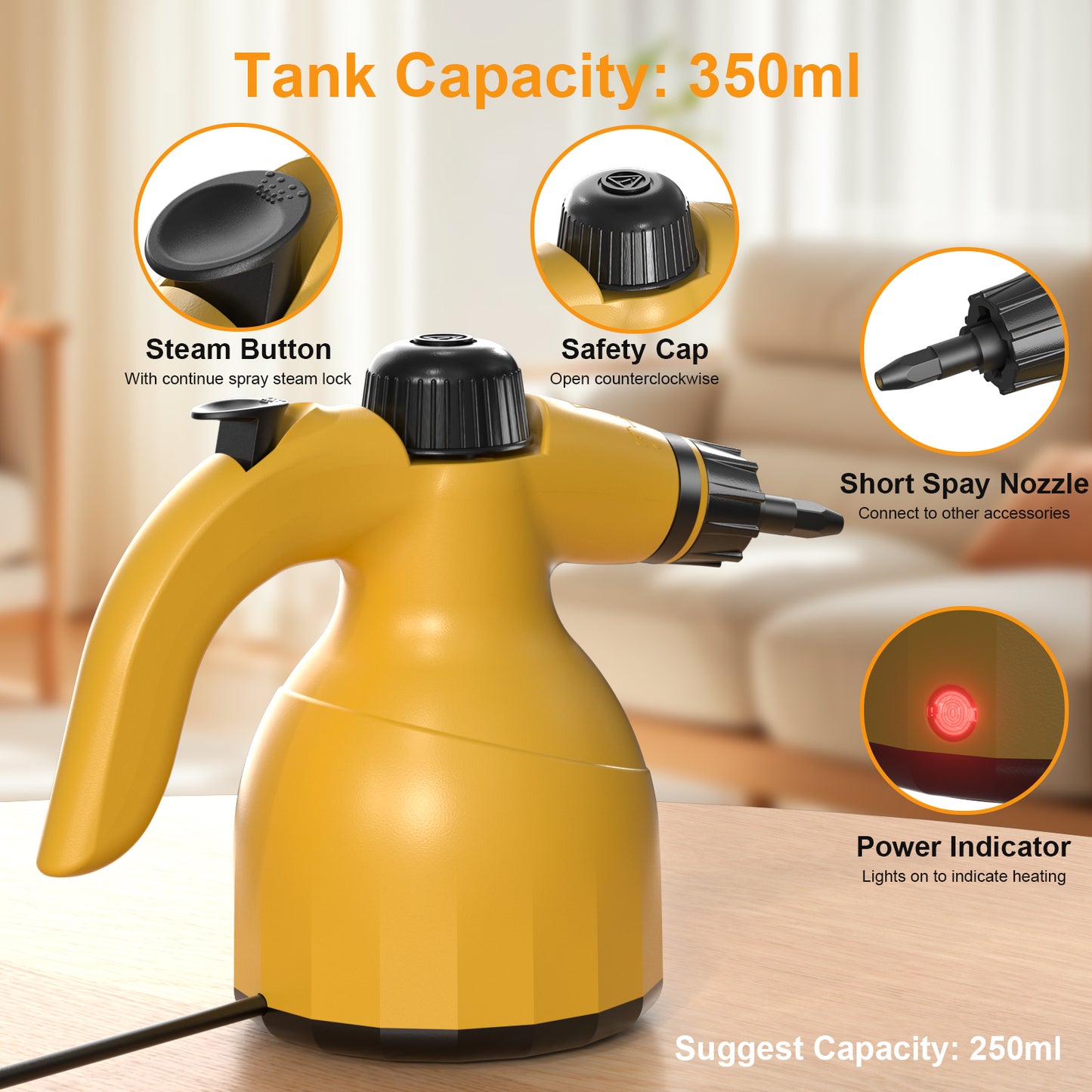 Handheld Steam Cleaner: Multi-Surface Steamer with 12 PCS Accessories Pressurized Natural Steam Cleaner for Home Cleaning Dirt, Grease, Grout, Tile, Floor, Couch and Car-Yellow