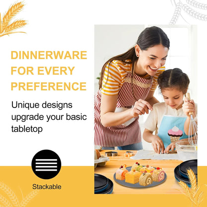 Unbreakable Dinnerware Sets, Wheat Straw Plates and Bowls Sets for 8, Microwave & Dishwasher Safe, Eco-Friendly, Perfect for Dinners, Buffets, and Events- Black