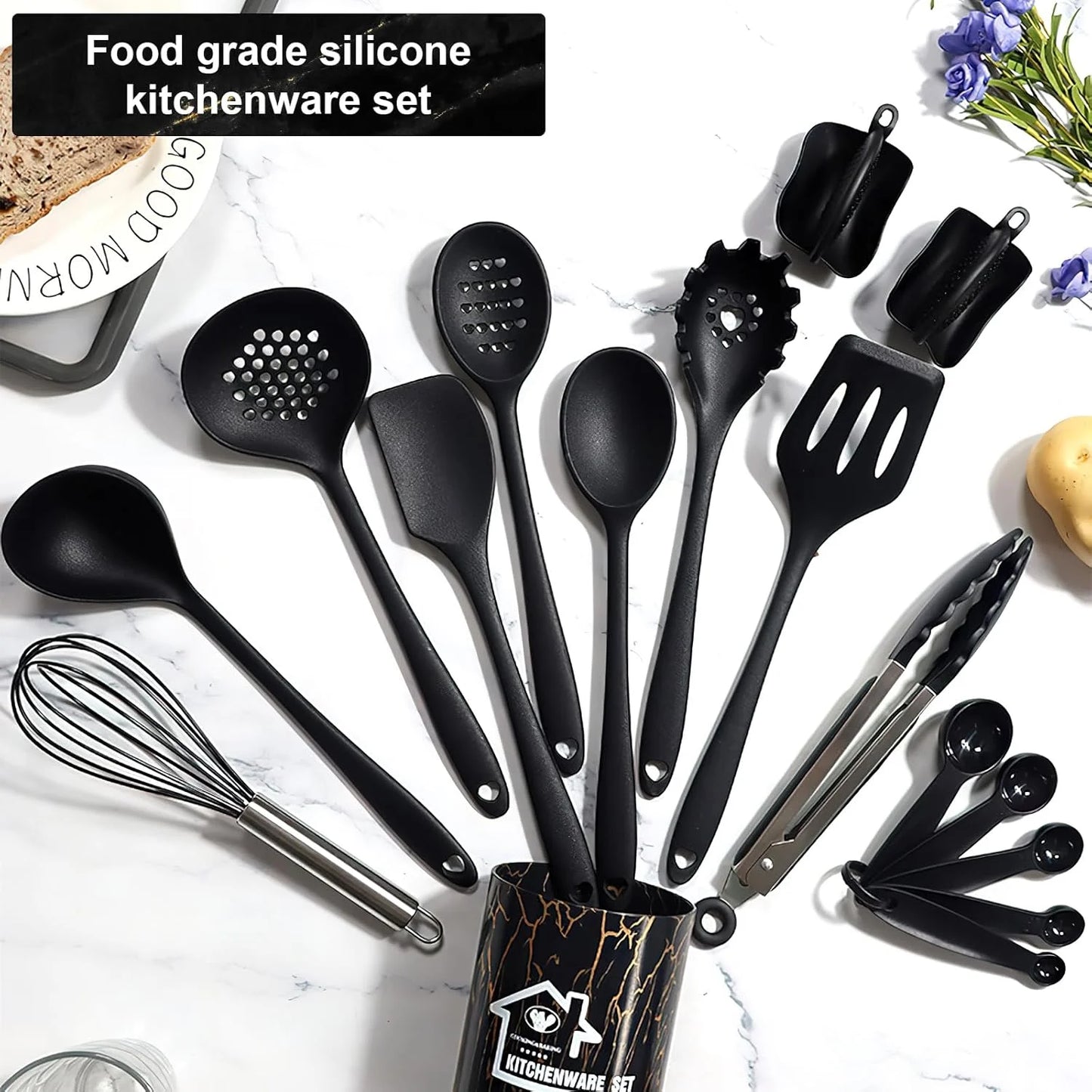 18PCS Silicone Cooking Utensils Set - 446°F Heat Resistant Kitchen Utensils,Turner Tongs,Spatula,Spoon,Brush,Whisk,Kitchen Utensil Gadgets Tools Set for Nonstick Cookware,Dishwasher Safe - Black