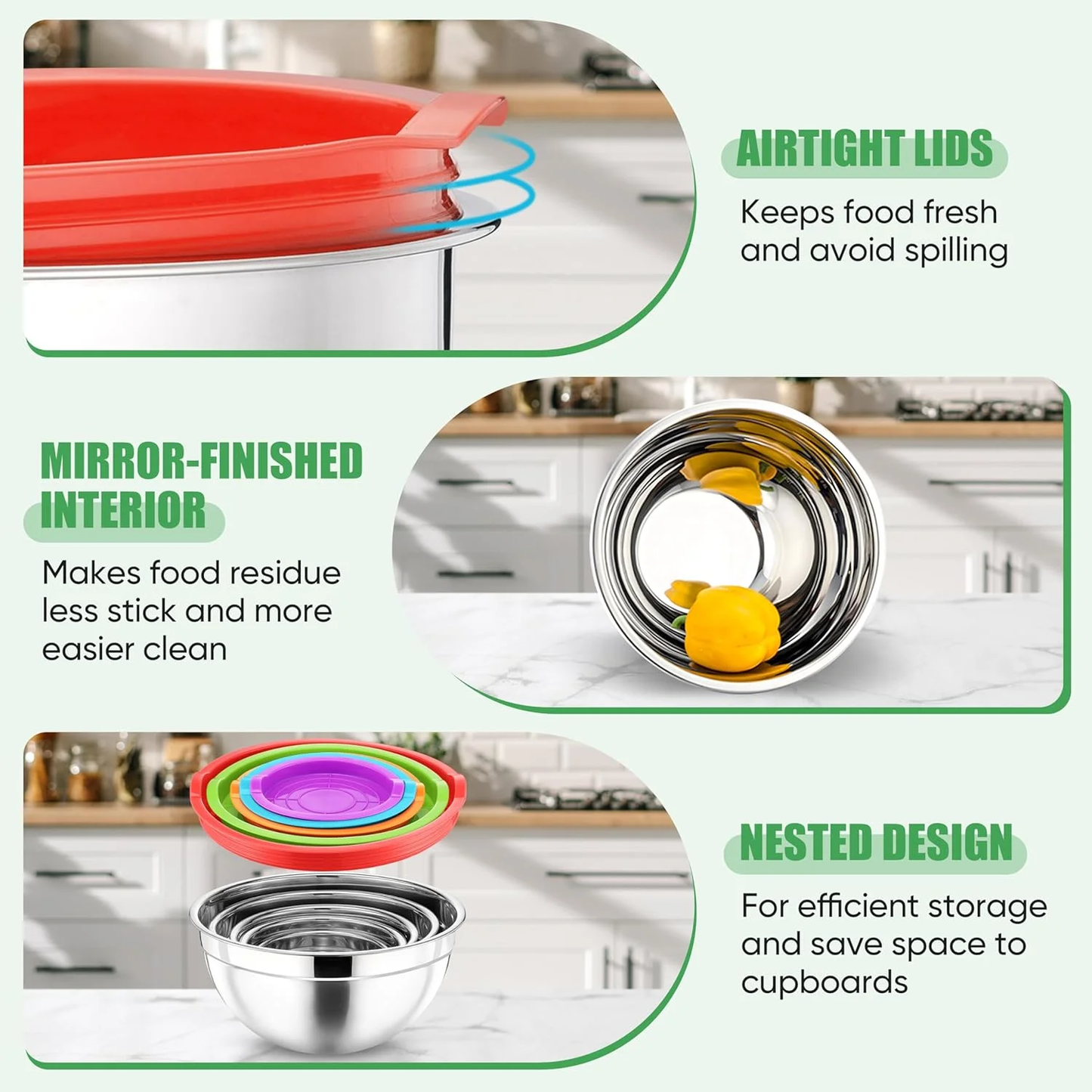 Mixing Bowls with Lids Set of 5, Stainless Steel Mixing Bowls Metal Nesting Bowls with Airtight Lids, Non-toxic & Dishwasher Safe, Great for Cooking, Baking, Serving - Size 0.7/1/1.5/3/4.6QT