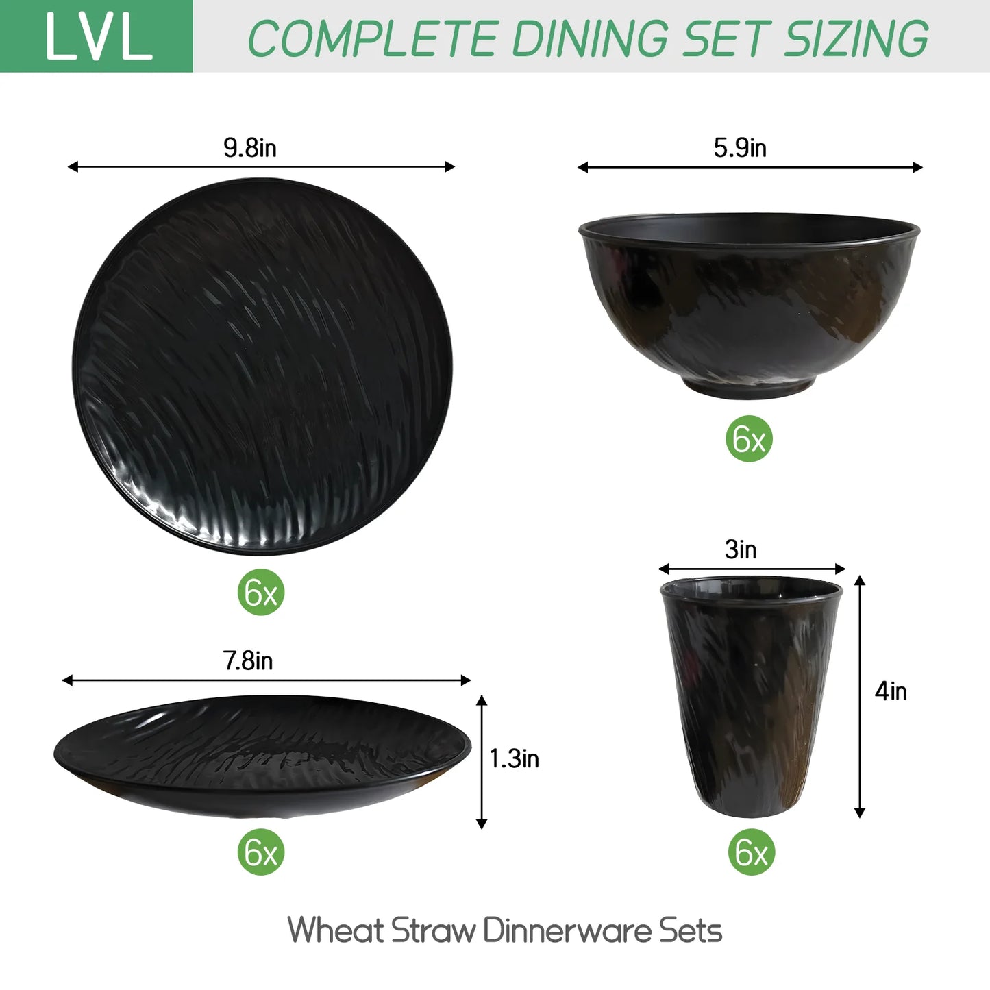 Unbreakable Dinnerware Sets, Rock Texture Bowls Sets for 18PCS, Microwave & Dishwasher Safe, Eco-Friendly, Perfect for Dinners, Buffets, and Events- Black