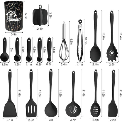 18PCS Silicone Cooking Utensils Set - 446°F Heat Resistant Kitchen Utensils,Turner Tongs,Spatula,Spoon,Brush,Whisk,Kitchen Utensil Gadgets Tools Set for Nonstick Cookware,Dishwasher Safe - Black