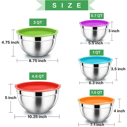 Mixing Bowls with Lids Set of 5, Stainless Steel Mixing Bowls Metal Nesting Bowls with Airtight Lids, Non-toxic & Dishwasher Safe, Great for Cooking, Baking, Serving - Size 0.7/1/1.5/3/4.6QT
