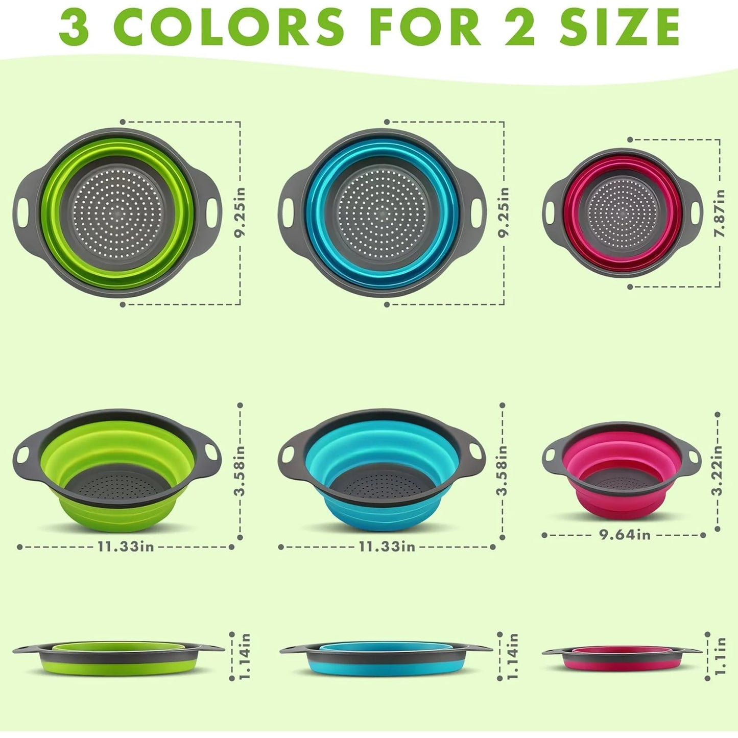 Collapsible Colander Set of 3 Round Silicone Kitchen Strainer Set - 2 pcs 4 Quart and 1 pcs 2 Quart- Perfect for Draining Pasta, Vegetable and fruit (green,blue, purple)