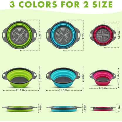 Collapsible Colander Set of 3 Round Silicone Kitchen Strainer Set - 2 pcs 4 Quart and 1 pcs 2 Quart- Perfect for Draining Pasta, Vegetable and fruit (green,blue, purple)
