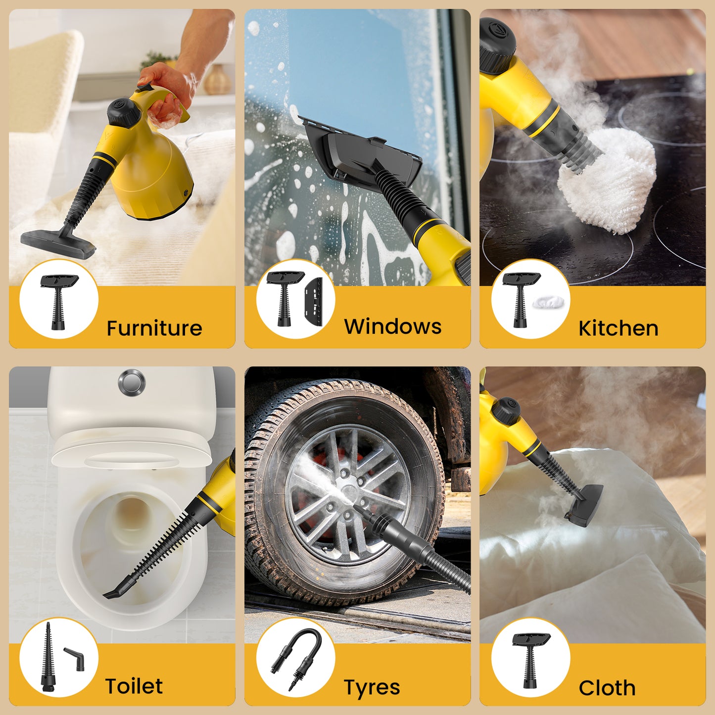 Handheld Steam Cleaner: Multi-Surface Steamer with 12 PCS Accessories Pressurized Natural Steam Cleaner for Home Cleaning Dirt, Grease, Grout, Tile, Floor, Couch and Car-Yellow