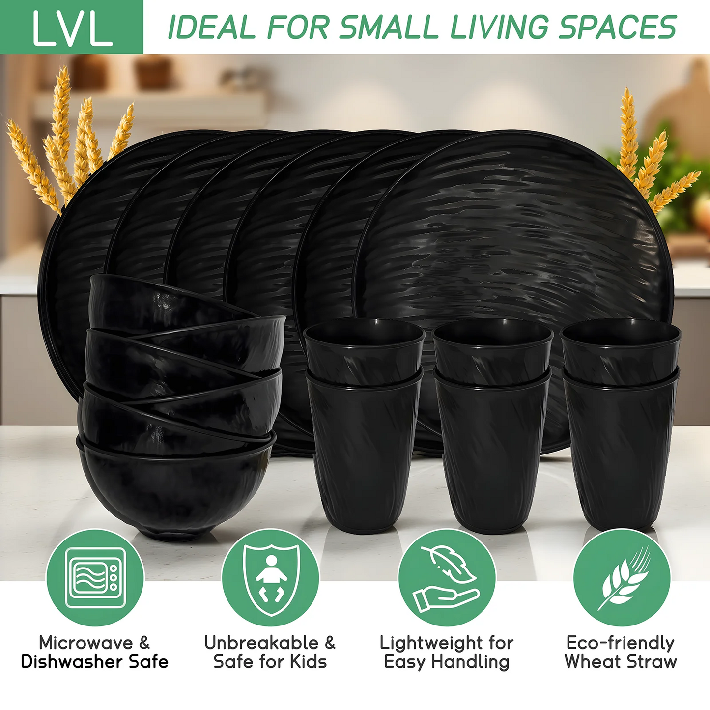 Unbreakable Dinnerware Sets, Rock Texture Bowls Sets for 18PCS, Microwave & Dishwasher Safe, Eco-Friendly, Perfect for Dinners, Buffets, and Events- Black