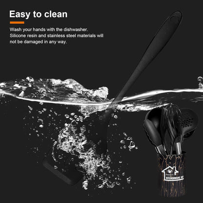 18PCS Silicone Cooking Utensils Set - 446°F Heat Resistant Kitchen Utensils,Turner Tongs,Spatula,Spoon,Brush,Whisk,Kitchen Utensil Gadgets Tools Set for Nonstick Cookware,Dishwasher Safe - Black