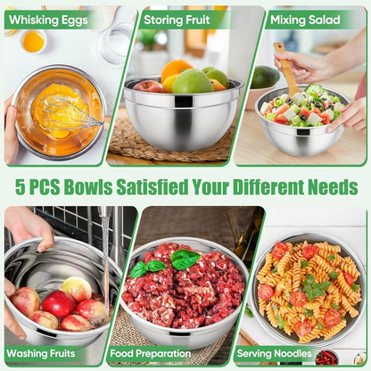 Mixing Bowls with Lids Set of 5, Stainless Steel Mixing Bowls Metal Nesting Bowls with Airtight Lids, Non-toxic & Dishwasher Safe, Great for Cooking, Baking, Serving - Size 0.7/1/1.5/3/4.6QT