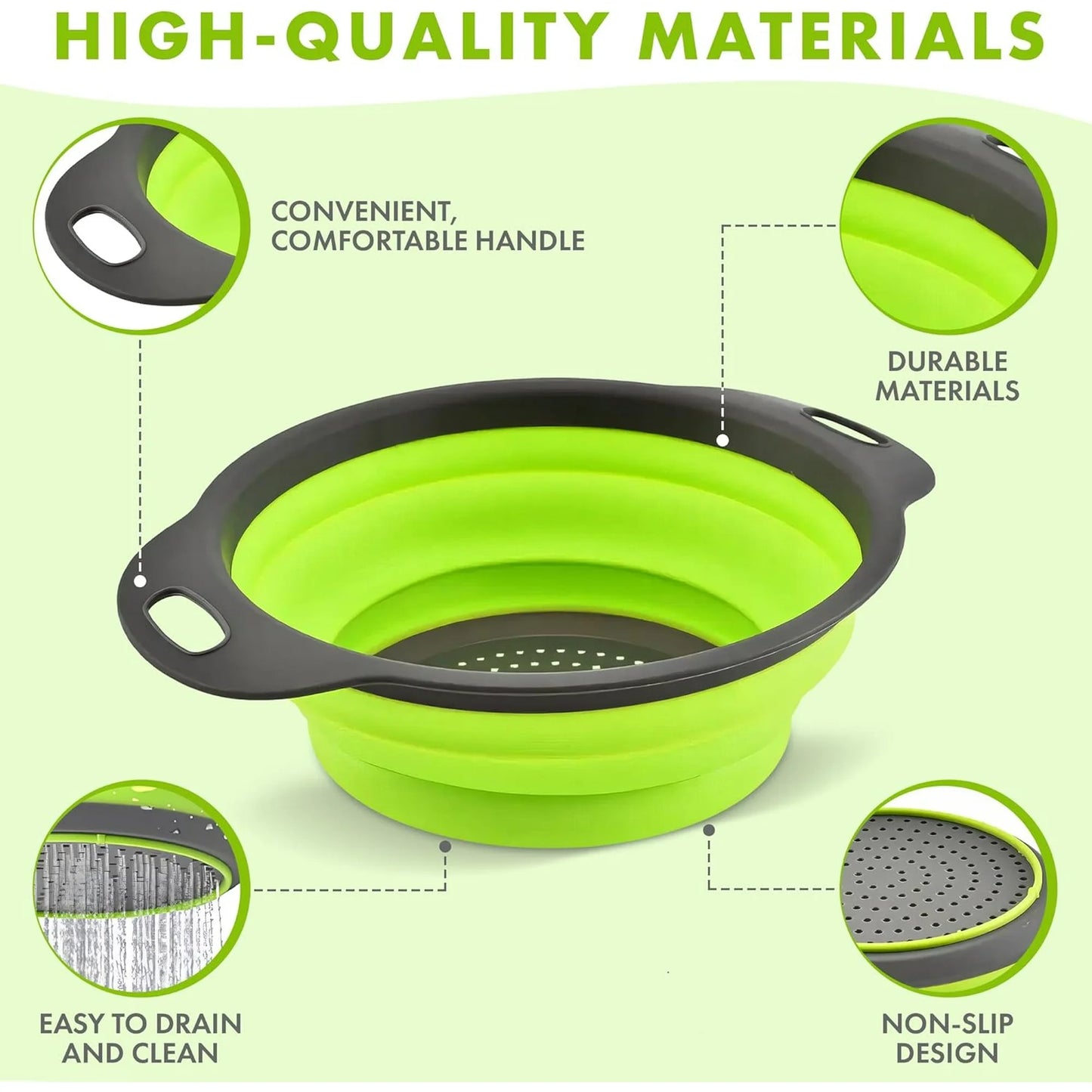 Collapsible Colander Set of 3 Round Silicone Kitchen Strainer Set - 2 pcs 4 Quart and 1 pcs 2 Quart- Perfect for Draining Pasta, Vegetable and fruit (green,blue, purple)