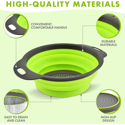Collapsible Colander Set of 3 Round Silicone Kitchen Strainer Set - 2 pcs 4 Quart and 1 pcs 2 Quart- Perfect for Draining Pasta, Vegetable and fruit (green,blue, purple)