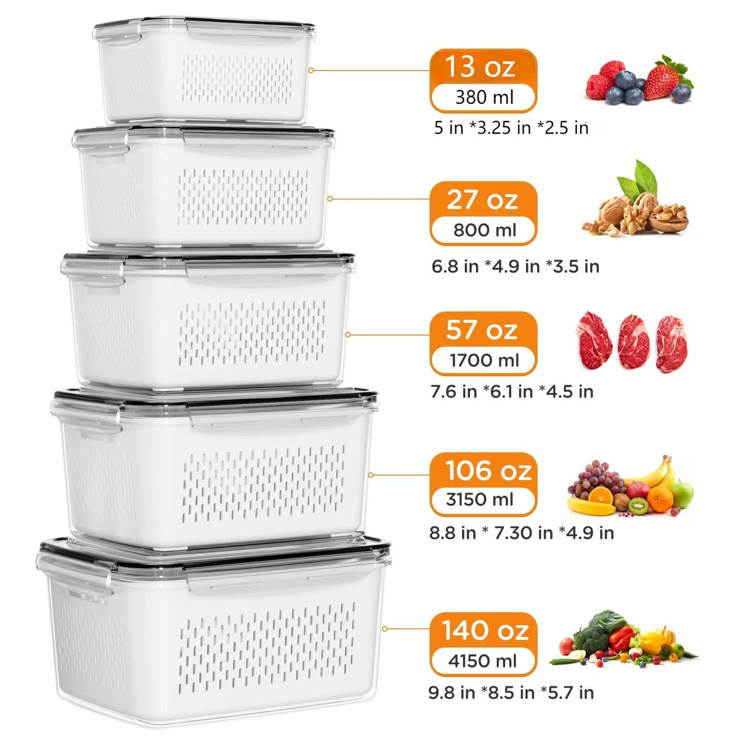AMAZTEK Large Fruit Containers for Fridge, 5 PCS Leakproof Food Storage Containers with Removable Colander, Airtight Storage Container to Keep Berry Fruit Fresh, Dishwasher & microwave safe