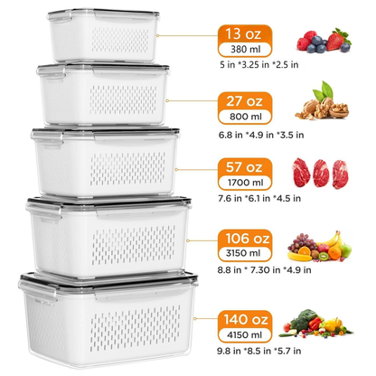 AMAZTEK Large Fruit Containers for Fridge, 5 PCS Leakproof Food Storage Containers with Removable Colander, Airtight Storage Container to Keep Berry Fruit Fresh, Dishwasher & microwave safe