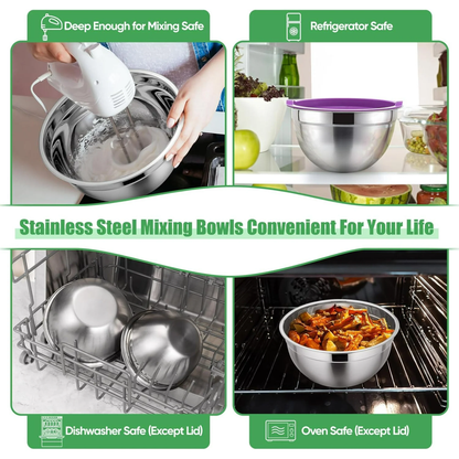 Mixing Bowls with Lids Set of 5, Stainless Steel Mixing Bowls Metal Nesting Bowls with Airtight Lids, Non-toxic & Dishwasher Safe, Great for Cooking, Baking, Serving - Size 0.7/1/1.5/3/4.6QT