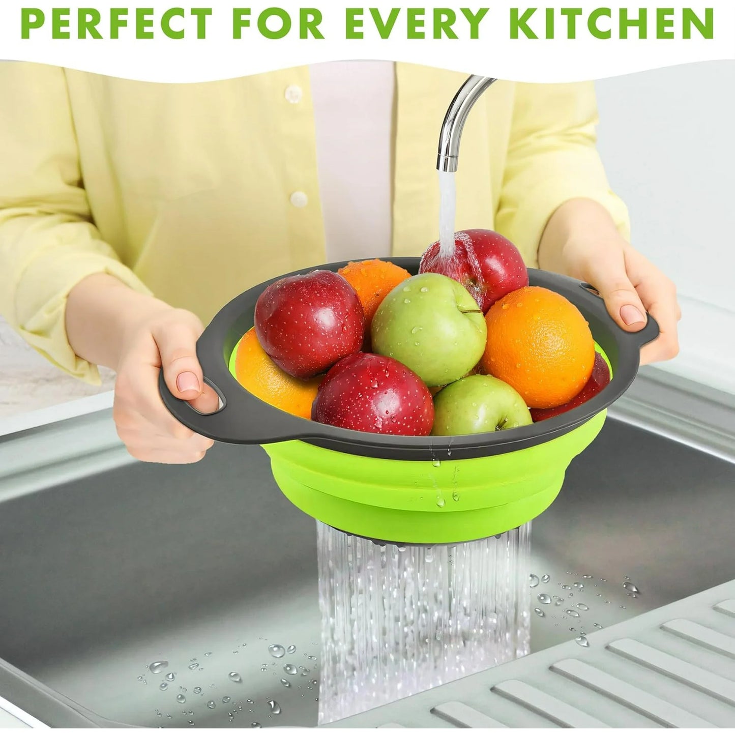 Collapsible Colander Set of 3 Round Silicone Kitchen Strainer Set - 2 pcs 4 Quart and 1 pcs 2 Quart- Perfect for Draining Pasta, Vegetable and fruit (green,blue, purple)