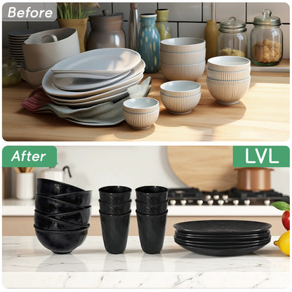 Unbreakable Dinnerware Sets, Rock Texture Bowls Sets for 18PCS, Microwave & Dishwasher Safe, Eco-Friendly, Perfect for Dinners, Buffets, and Events- Black